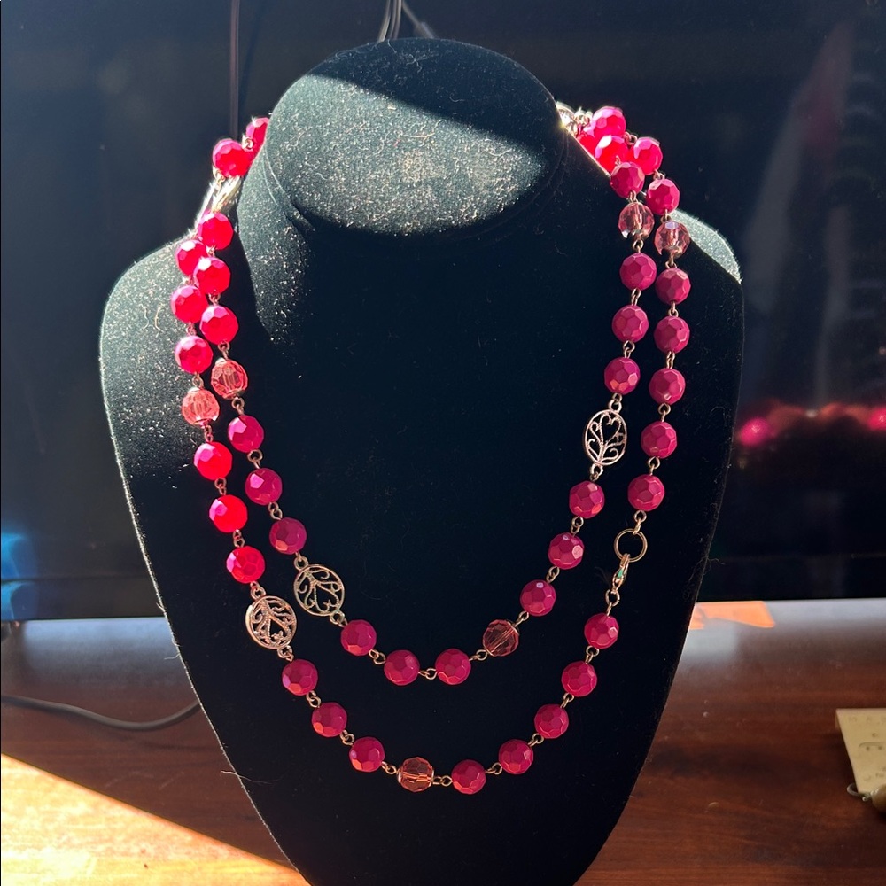 Long  Pink Beaded Necklace with Gold Toned Filigree Accents